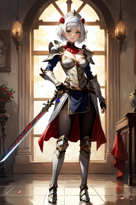 (masterpiece, best quality, ultra detailed, absurdres)1.5, 1girl, (sexy, beautiful woman, perfect face, perfect eyes, perfect female body, large breasts)1.5, (noellee gi, noelle \(genshin impact\), short hair, white hair, braid, hair flower, red rose, maid headdress, res ascot, shoulder armor, ascot, armored dress, hair ornament, armor, petals, cleavage, gauntlets, armor, pantyhose, armored boots, holding greatsword, <lora:noelle_genshin_impact:0.7>), (standing, indoors, medieval castle), perfect lighting, smooth, hdr