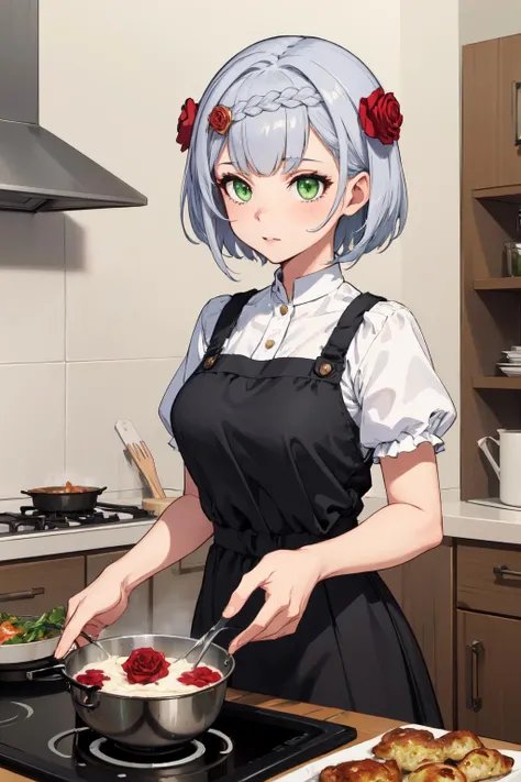 (masterpiece:1.5), illustration, 4k, 8k, (high quality:1.1), highly detailed, detailed face, HDR, vivid colors, natural lighting, \(1girl\), chef. from below, :|, cowboy shot, arms behind back,<lora:theovercomer8sContrastFix_sd15:0.9> <lora:torasuchan:0.6>