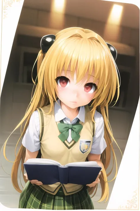<lora:yamitest:1> yami, (yellow hair), long hair, (red eyes:1.5), hair ornament, (small chest:1.2),
sainan high school uniform, school uniform, yellow sweater vest, shirt, short sleeves, collared shirt, bowtie, green bow, plaid skirt, green skirt,
<lora:ishikei_v0.1:1>,
(masterpiece, best quality, ultra-detailed),
cute face, kawaii, cute, very big eyes, Aesthetic Anime Eyes, small face,
(book),
upper body,
looking at viewer,
1girl, solo,