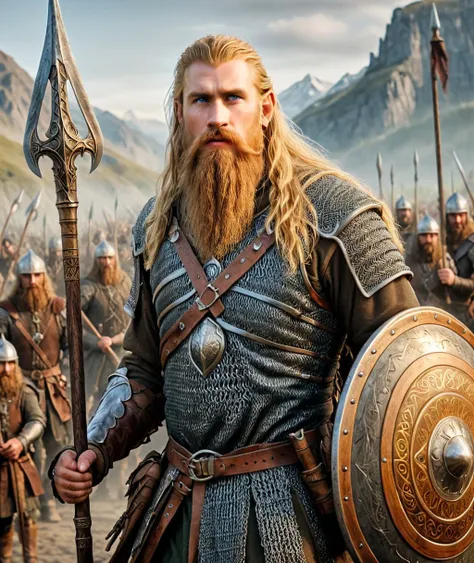 a cinematic (full body shot:1.1) of a rohirrim Horseman holding a (spear and a wooden round shield:1.1), chain mail and leather decorated armor, (brown leather chest-armor:1.2), long blonde hair wild and windy, big very long braided beard, horse ornaments, rohirrim fort in background, plains, Rohan, middle-earth, (hkstyle:1.), rohirrim riders, Lord of the Rings style, 8k, HDR, UHD, insane details, award-winning photo, <lora:Cinematic Hollywood Film:0.8>, Cinematic Hollywood Film style, <lora:detailed_notrigger:0.8>, <lora:XL_Weapon_Spear_and_Shield_-_By_HailoKnight:0.65>, <lora:Chain_Mail:0.7>, <lora:Beards:0.65>, <lora:Celtic_Designs:0.2>, <lora:detailed_hands:0.5>, hand