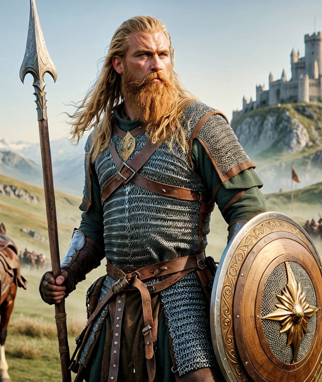 a cinematic (full body shot:1.2) of a rohirrim Horseman holding a (spear and a wooden round shield:1.1), chain mail and leather decorated armor, (brown leather-chest-armor:1.2), leather rider boots, long blonde hair wild and windy, big very long braided beard, horse ornaments, rohirrim fort in background, plains, Rohan, middle-earth, (hkstyle:1.), rohirrim riders on horses, Lord of the Rings style, 8k, HDR, UHD, insane details, award-winning photo, <lora:Cinematic Hollywood Film:0.8>, Cinematic Hollywood Film style, <lora:detailed_notrigger:0.8>, <lora:XL_Weapon_Spear_and_Shield_-_By_HailoKnight:0.55>, <lora:Chain_Mail:0.7>, <lora:Beards:0.65>, <lora:Celtic_Designs:0.25>, <lora:detailed_hands:0.5>, hand, (view from distance, wide angle:1.1)