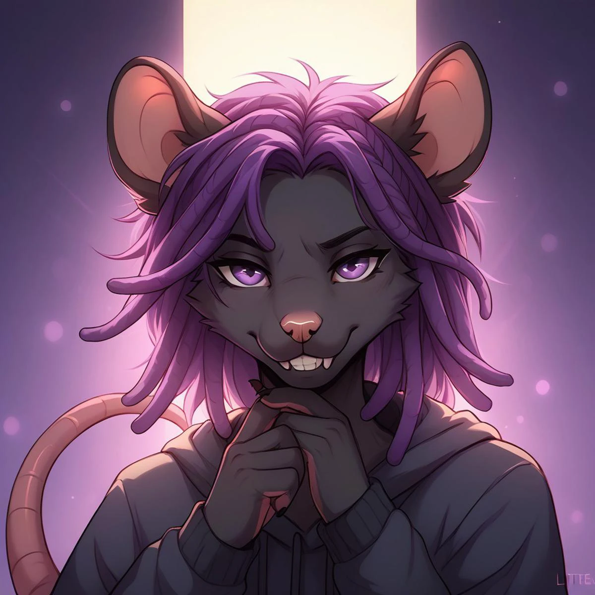 score_9, score_8_up, score_7_up, score_6_up, by liteu:1.6, by powfooo, halftone effect, (source_furry, Furry)
BREAK Painting of warrior skaven rat, headshot portrait, upper body, close-up, interesting perspective, finger on chin, hoodie, dynamic pose, high angle, top view, jyojifuku, hoodie ((Male Skaven Rat:1.2, Stormvermin:1.4)), (white buckteeth, rat teeth, black fur rat, purple hair, dreadlocks:1.4), (toned:1.2), pretty face, nice hands, 5 fingers, big rat tail, purple eyes, black fingernails,
BREAK colorful, abstract background, colorful background, nice lighting, exciting vibe, golden hour