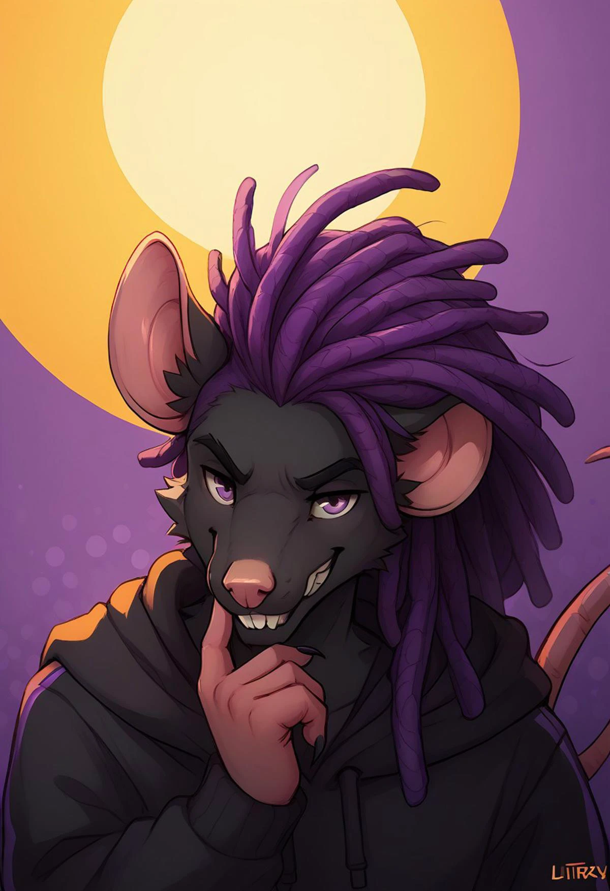 score_9, score_8_up, score_7_up, score_6_up, by liteu:1.6, by powfooo, halftone effect, (source_furry, Furry)
BREAK Painting of warrior skaven rat, SkavenSWF, black fur, rat snout, rat muzzle, headshot portrait, upper body, close-up, interesting perspective, finger on chin, hoodie, dynamic pose, high angle, top view, jyojifuku, hoodie ((Male Skaven Rat:1.2, Stormvermin:1.4)), (white buckteeth, rat teeth, black fur rat, purple hair, dreadlocks:1.4), (toned:1.2), pretty face, nice hands, 5 fingers, big rat tail, purple eyes, black fingernails,
BREAK colorful, abstract background, colorful background, nice lighting, exciting vibe, golden hour