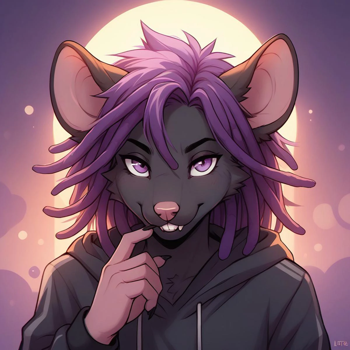 score_9, score_8_up, score_7_up, score_6_up, by liteu:1.6, by powfooo, halftone effect, (source_furry, Furry)
BREAK Painting of warrior skaven rat, headshot portrait, upper body, close-up, interesting perspective, finger on chin, hoodie, dynamic pose, high angle, top view, jyojifuku, hoodie ((Male Skaven Rat:1.2, Stormvermin:1.4)), (white buckteeth, rat teeth, black fur rat, purple hair, dreadlocks:1.4), (toned:1.2), pretty face, nice hands, 5 fingers, big rat tail, purple eyes, black fingernails,
BREAK colorful, abstract background, colorful background, nice lighting, exciting vibe, golden hour