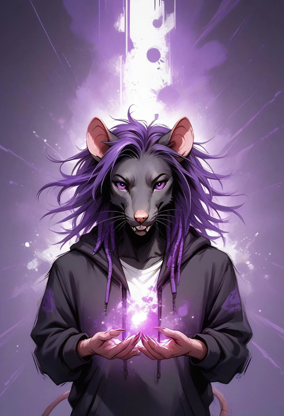 score_9, score_8_up, score_7_up, score_6_up, monochromemuse, monochrome, purple ink splatter, arkane_dark, magic, Backlight, by sakimichan, by lewdzure, halftone effect, (source_furry, Furry)
BREAK Painting of warrior skaven rat, headshot portrait, upper body, close-up, interesting perspective, NSFW, hoodie, dynamic pose, high angle, top view, jyojifuku, hoodie ((Male Skaven Rat:1.2, Stormvermin:1.4)), (white buckteeth, rat teeth, black fur rat, purple hair, dreadlocks:1.4), (toned:1.2), pretty face, nice hands, 5 fingers, big rat tail, purple eyes,
BREAK colorful, abstract background, neon purple abstract graffiti background,