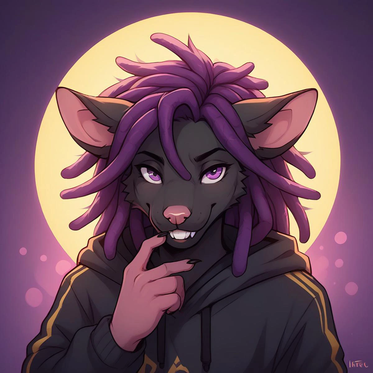 score_9, score_8_up, score_7_up, score_6_up, by liteu:1.6, by powfooo, halftone effect, (source_furry, Furry)
BREAK Painting of warrior skaven rat, headshot portrait, upper body, close-up, interesting perspective, finger on chin, hoodie, dynamic pose, high angle, top view, jyojifuku, hoodie ((Male Skaven Rat:1.2, Stormvermin:1.4)), (white buckteeth, rat teeth, black fur rat, purple hair, dreadlocks:1.4), (toned:1.2), pretty face, nice hands, 5 fingers, big rat tail, purple eyes, black fingernails,
BREAK colorful, abstract background, colorful background, nice lighting, exciting vibe, golden hour