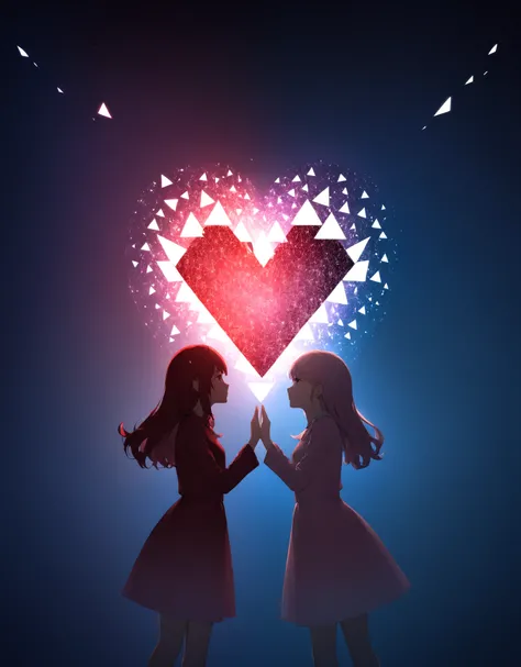 A love triangle between two women and one man.
Heart mark and triangle particle effects are scattered