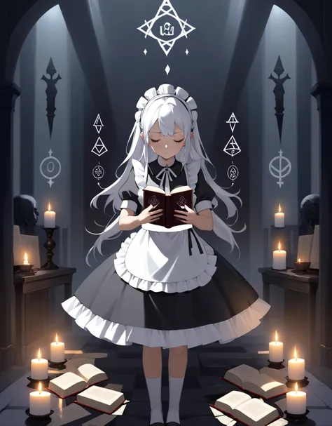 Illustration of a maid performing the "reincarnation into impure land" ritual, wearing a traditional white and black maid uniform with a frilly apron, surrounded by mystical symbols and candles. The maid holds a book with ancient looking runes and is in a deep trance, while the room around her is dimly lit, creating an eerie and mysterious atmosphere.