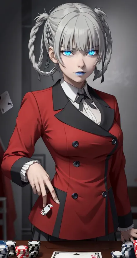 <lora:VRAMs3DMomobami640:0.5> , 1girl, xyzmomobami, intense glare, hair rings, grey hair, masterpiece, beautiful, portrait, blue lips, red coat, double breasted coat, school_uniform, medium breasts, glowing eyes, poker, cards