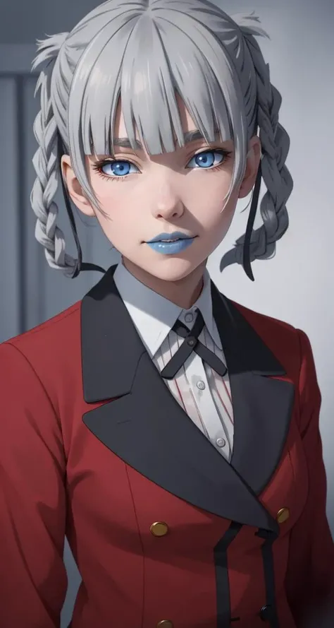 <lora:VRAMs3DMomobami640:0.5> , 1girl, xyzmomobami, hair rings, grey hair, masterpiece, beautiful, portrait, blue lips, closeup, pleated skirt, red coat, school_uniform