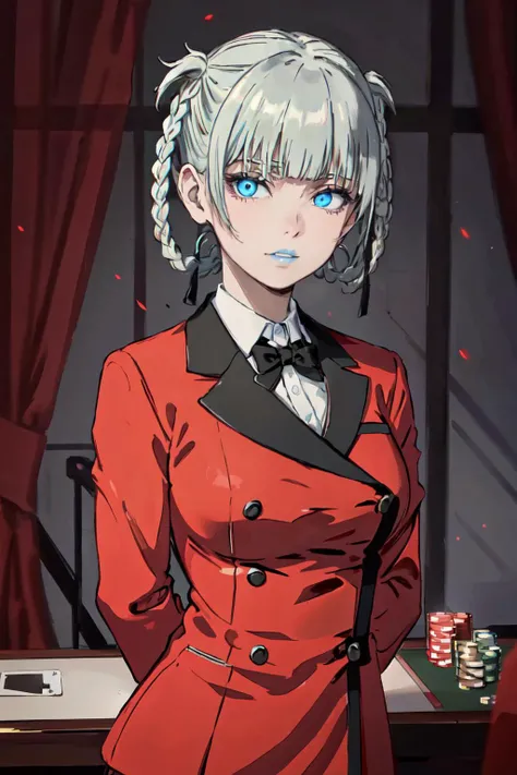 (best quality, masterpiece, RAW photo,ultra-detailed:1.2), <lyco:GoodHands-beta2:1.0>,
1girls, solo, xyzmomobami,
<lyco:VRAMsMomobami:0.6>
braided, hair rings, hair loops, grey hair, blue eyes, red jacket, school uniform, blunt bangs, medium breasts, arms behind back, blue lips, glowing eyes, blue eyes, looking at viewer, evil, double breasted coat, red coat,
gesugao, white undershirt, nipples, casino