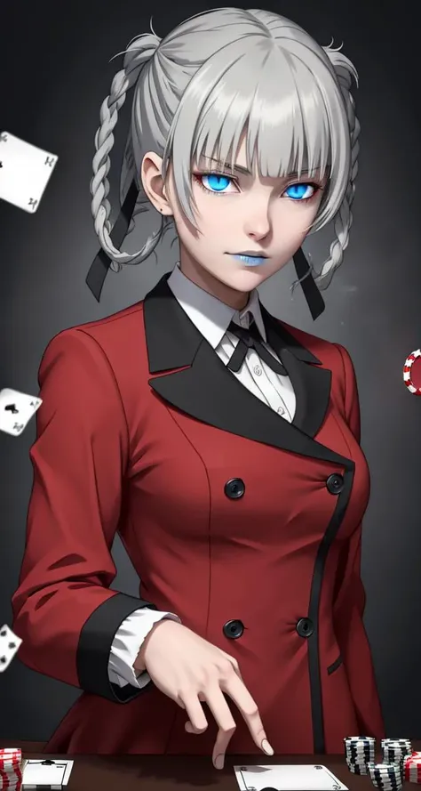 <lora:VRAMs3DMomobami640:0.5> , 1girl, xyzmomobami, intense glare, hair rings, grey hair, masterpiece, beautiful, portrait, closeup, blue lips, red coat, double breasted coat, school_uniform, medium breasts, glowing eyes, poker, cards