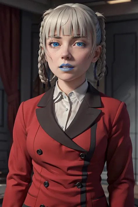 <lora:VRAMsMomobami:0.65>, xyzmomobami, 1girl, braided, hair rings, hair loops, grey hair, blue eyes, red jacket, school uniform, beautiful, masterpiece, closeup, portrait, blunt bangs, medium breasts, arms behind back, blue lips, glowing eyes, blue eyes, looking at viewer, evil, double breasted coat, red jacket, gesugao, white undershirt, buttons, dramatic, 3d model, cycles render