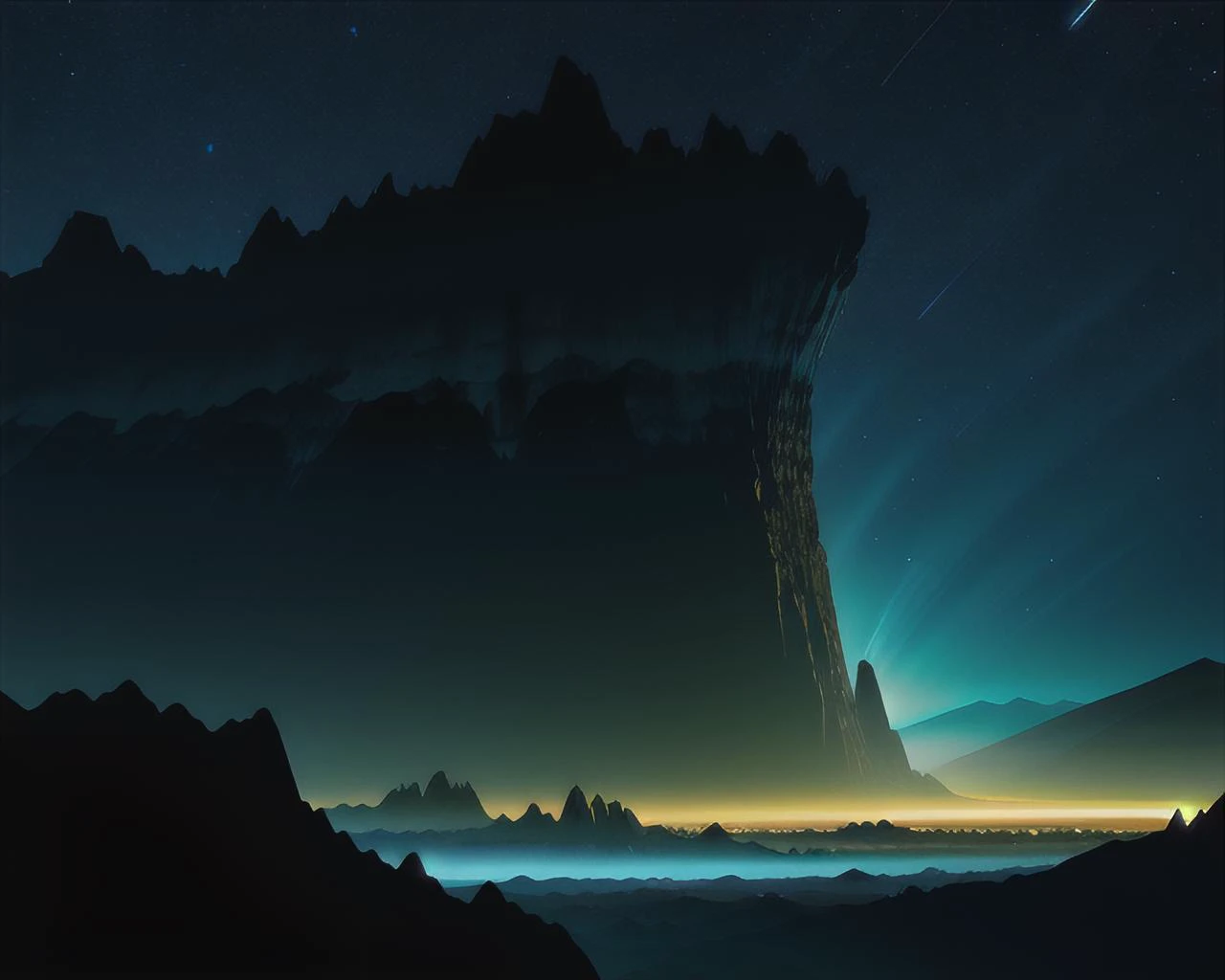 landscape with Contrast of Earth Tones and Non-Earth Tones,
diffraction spikes, silhouette
dark fantasy in a anime screencap style,
by Eero Jrnefelt, by Conor Harrington
Elaborate, Stately, Exquisite,
High Contrast, High Saturation, masterpiece, volumetric light, vibrant colors, depth of field.