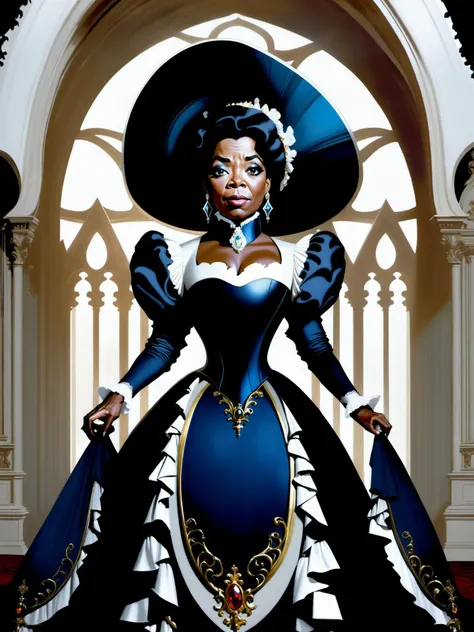 breathtaking digital artwork of a woman named Oprah Elhard, A place located in the year 1900 with influence of Baroque and Neo-Gothic architecture, by Anato Finnstark, <lora:xl_yamer_style-2.0:1>, <lora:add_detail:1>