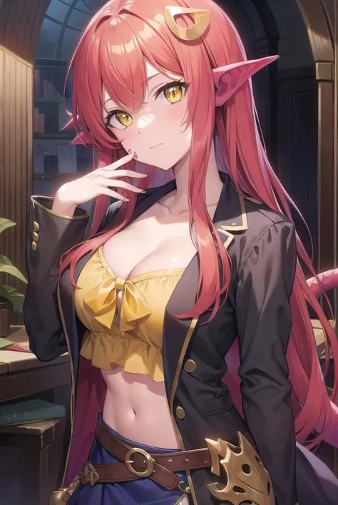 lamiia, <lora:miia-lora-nochekaiser:1>,
miia, hair ornament, lamia, long hair, monster girl, pointy ears, red hair, slit pupils, (yellow eyes:1.5),
BREAK belt, navel, shirt, skirt, sleeves rolled up, tail, tied shirt, yellow shirt, cleavage,
BREAK looking at viewer,
BREAK indoors,
BREAK <lyco:GoodHands-beta2:1>, (masterpiece:1.2), best quality, high resolution, unity 8k wallpaper, (illustration:0.8), (beautiful detailed eyes:1.6), extremely detailed face, perfect lighting, extremely detailed CG, (perfect hands, perfect anatomy),