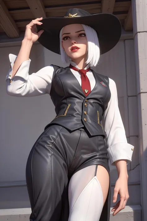 realistic, realism, photorealism, photo-realistic, high contrast, (photorealistic:1.4), 8k high definition detailed realistic, (best quality, masterpiece:1.2), NSFW, photon mapping, radiosity, physically-based rendering, best quality, highly detailed, 1girl, 3d, owash, short hair, white hair, cow boy hat, vest, red eyes, necktie, smile, standing, ((city, street, store)),(standing on one leg), standing with one leg up, lift one leg, (from below), looking down, looking at viewer,