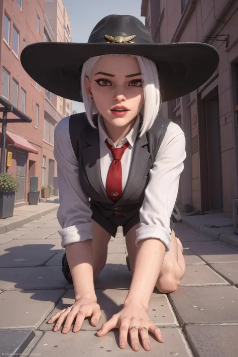 realistic, realism, photorealism, photo-realistic, high contrast, (photorealistic:1.4), 8k high definition detailed realistic, (best quality, masterpiece:1.2), NSFW, photon mapping, radiosity, physically-based rendering, best quality, highly detailed, 1girl, 3d, owash, short hair, white hair, cow boy hat, vest, red eyes, necktie, smile, standing, ((city, street, store)), crawling, hands on the ground, (girl crawling on the ground),