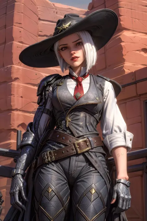 realistic, realism, photorealism, photo-realistic, high contrast, (photorealistic:1.4), 8k high definition detailed realistic, (best quality, masterpiece:1.2), NSFW, photon mapping, radiosity, physically-based rendering, best quality, highly detailed, 1girl, 3d, owash, short hair, white hair, cow boy hat, vest, red eyes, necktie, smile, laying on the wall, (cowboy position), (from below), ((looking down, looking at viewer)), Holding belt, one hand on belt,