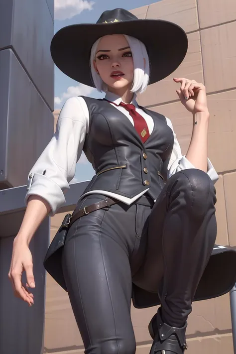 realistic, realism, photorealism, photo-realistic, high contrast, (photorealistic:1.4), 8k high definition detailed realistic, (best quality, masterpiece:1.2), NSFW, photon mapping, radiosity, physically-based rendering, best quality, highly detailed, 1girl, 3d, owash, short hair, white hair, cow boy hat, vest, red eyes, necktie, smile, standing, ((city, street, store)),(standing on one leg), standing with one leg up, lift one leg, (from below), ((looking down, looking at viewer)),