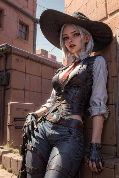 Beautiful Alluring western female cowboy, bare skin, Athletic Well Toned Body, cowboy hat, red short hair, leather jacket, short cowboy hats, inside a saloon, Barely Clothed, western Theme, dieselpunk theme, crop top, underboob, Beautiful D&D Character Portrait, Beautiful Face, Ominous, Dark Fantasy, Fiverr Dnd Character, Octane Render, Digital Art, Extreme Detail, 4k, Ultra Hd, Polished, Beautiful, Hyperdetailed, Intricate, Elaborate, Meticulous, Photorealistic, Sharp Focus, Wlop, Character Design, Unreal Engine, 3d Rendered, Volumetric Lighting, Reflections, Glossy, Digital Illustration, Sensual Pose, Suggestive Pose, Full Body Shot, exposed breaste, visible nipples 💖❤💕💋❣