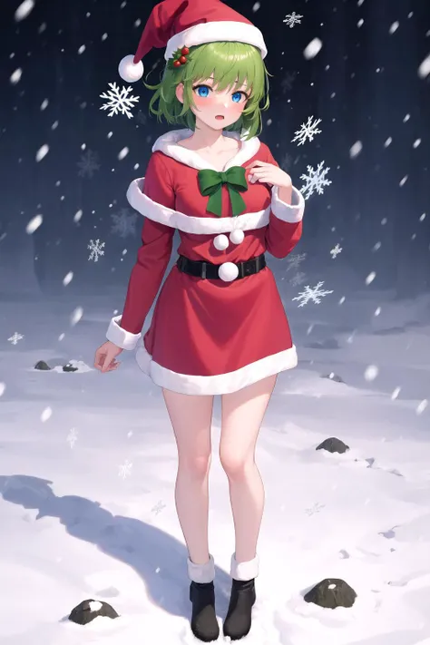 masterpiece, best quality, absurdres, 1girl, solo, full body, standing, nino, green hair, short hair, blue eyes, santa hat, red shirt, christmas, <lora:nino_fe_v1:1>, (winter, snow, snowing, snowflakes)