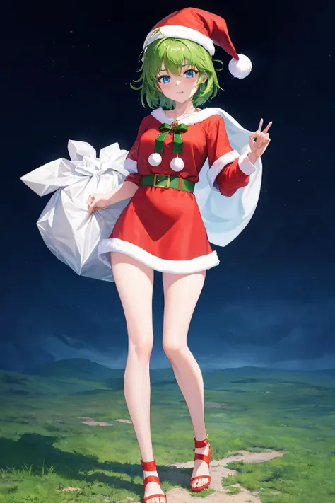masterpiece, best quality, absurdres, 1girl, solo, full body, standing, nino, green hair, short hair, blue eyes, santa hat, red shirt, christmas, <lora:nino_fe_v1:1>
