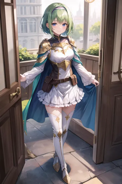 nino, 1girl, <lora:nino_fe_v1:1>, solo, looking at viewer, smile, short hair, bangs, blue eyes, skirt, thighhighs, long sleeves, closed mouth, standing, full body, hairband, boots, frills, green hair, miniskirt, cape, armor, shiny hair, zettai ryouiki, thigh boots, white skirt, shoulder armor, pouch, breastplate, belt pouch, purple hairband, (masterpiece, best quality), grand hallway, <lora:add_detail:0,6>,