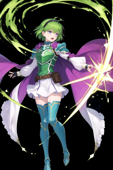 masterpiece, best quality, absurdres, nino, 1girl, solo, (glowing, green swords, swords, sword, green magic, magic sword, floating swords, unlimited blade works \(fate\), fate/unlimited blade works), short hair, open mouth, bangs, blue eyes, skirt, thighhighs, gloves, long sleeves, holding, full body, hairband, boots, frills, green hair, belt, fingerless gloves, cape, armor, zettai ryouiki, book, thigh boots, white skirt, shoulder armor, holding book, pouch, breastplate, open book, belt pouch, purple hairband, <lora:nino_fe_v1:1> <lora:FEH_Concept_v2:1>, FEH, black background, simple background