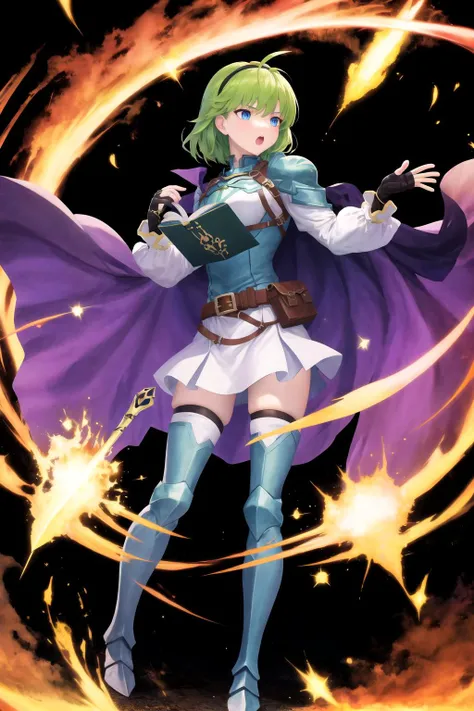 masterpiece, best quality, absurdres, nino, 1girl, solo, (green magic, magic sword, floating swords, unlimited blade works \(fate\), fate/unlimited blade works), short hair, open mouth, bangs, blue eyes, skirt, thighhighs, gloves, long sleeves, holding, full body, hairband, boots, frills, green hair, belt, fingerless gloves, cape, armor, zettai ryouiki, book, thigh boots, white skirt, shoulder armor, holding book, pouch, breastplate, open book, belt pouch, purple hairband, <lora:nino_fe_v1:1> <lora:FEH_Concept_v2:1>, FEH, black background,