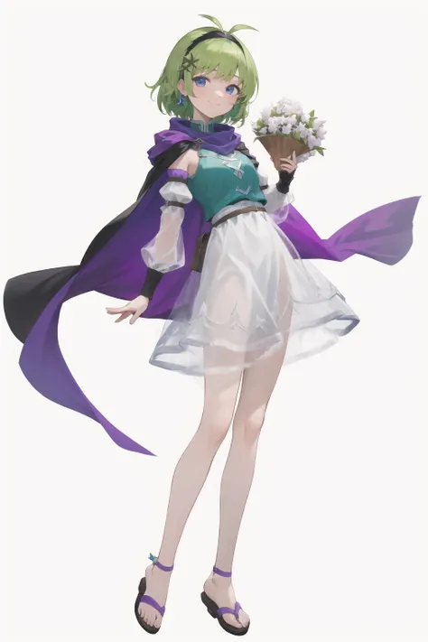 masterpiece, best quality, absurdres, nino, 1girl, solo, looking at viewer, smile, short hair, bangs, blue eyes, simple background, hair ornament, long sleeves, dress, holding, jewelry, closed mouth, standing, full body, hairband, detached sleeves, green hair, cape, white dress, see-through, sandals, black background, purple hairband, purple cape, purple scarf, <lora:nino_fe_v1:1>