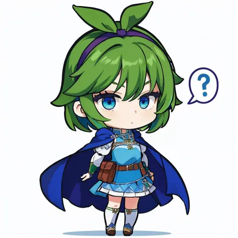 masterpiece, best quality, 1girl, solo, standing, cute, chibi, <lora:DarkCabalChibiStyle:1> white background, simple background, <lora:nino_fe_v1:1> nino, green hair, short hair, blue eyes, purple hairband, spoken question mark, speech bubble, ?, skirt, belt, cape, pouch
