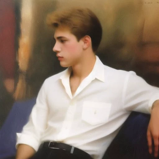 1990s \(style\), 1boy, blonde hair, white shirt, oil painting,
