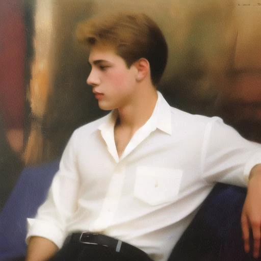 1990s \(style\), 1boy, blonde hair, white shirt, oil painting,