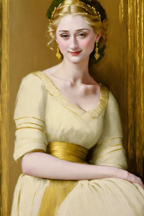 masterpiece, oil painting of debick1v3_1000, wearing a toga, cheeks flush, knowing smile, brushstrokes, rubenesque, preraphaelites, Painted by rembrandt, sargent, kingdom <lora:oilPaintingLora_oilPaintingLora10:0.85>