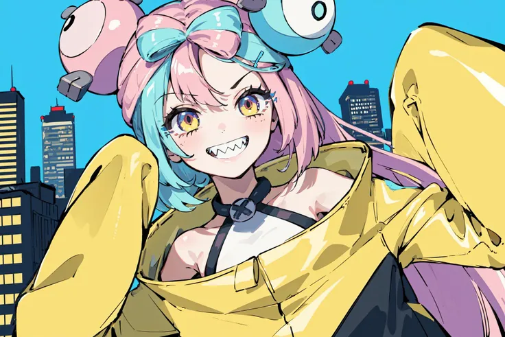 (best quality, masterpiece, highres), [[:✋,:0.5]::0.8], close-up, 1girl, solo,iono1, fangs, grin, yellow jacket, long hair, long sleeves, hair ornament, city, livestream, video camera, <lora:iono_v1:0.85>