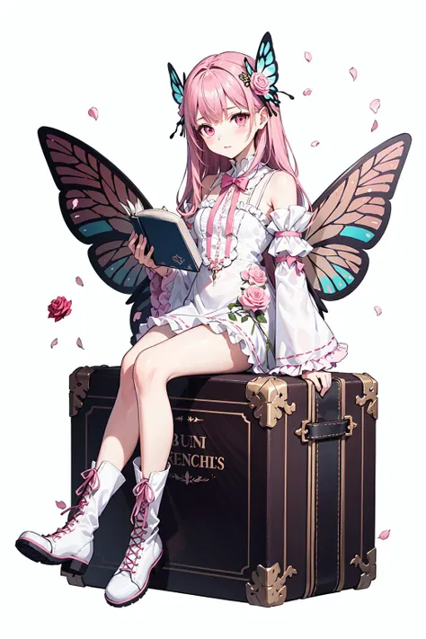 (pink theme),1girl, solo, flower, pink hair, long hair, wings, white background, pink flower, hair ornament, book, pink eyes, sitting, hair flower, dress, frills, simple background, white footwear, looking at viewer, bangs, petals, wide sleeves, full body, blue flower, holding, boots, long sleeves, closed mouth, very long hair, open book, wrist cuffs, white dress, holding book, butterfly wings, rose, pink rose, blush, purple flower, frilled dress, fairy wings, frilled sleeves