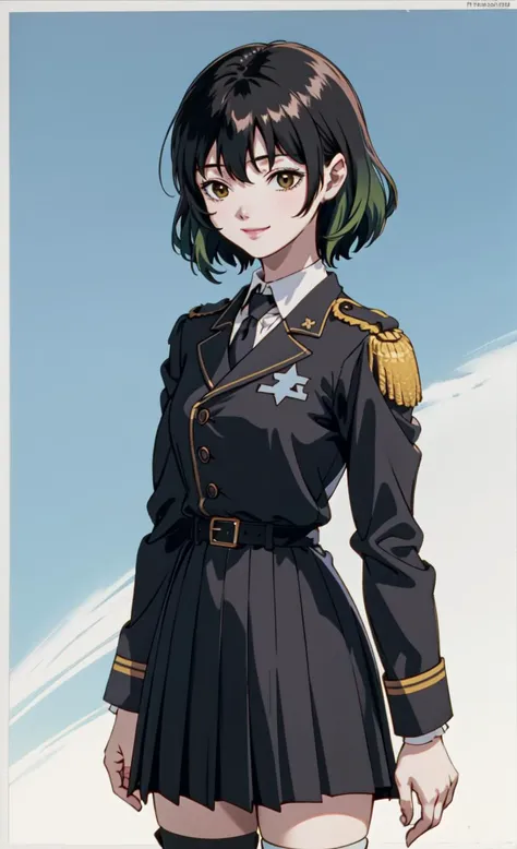 (pastel colors) (anime coloring) 
Highres, masterpiece, cowboy shot, looking at viewer, full body, feet out of frame BREAK 
1girl, solo, necktie, (tsurime:1.1), totenkopf, (black military uniform:1.3), reichsadler, belt, iron cross, smile, zettai ryouiki, short hair, green hair, yellow eyes, (black pleated skirt:1.2)BREAK gradient background 
<lora:epi_noiseoffset2:0.5> <lora:add_saturation:1> <lora:kenpuu_denki_berserk:1>