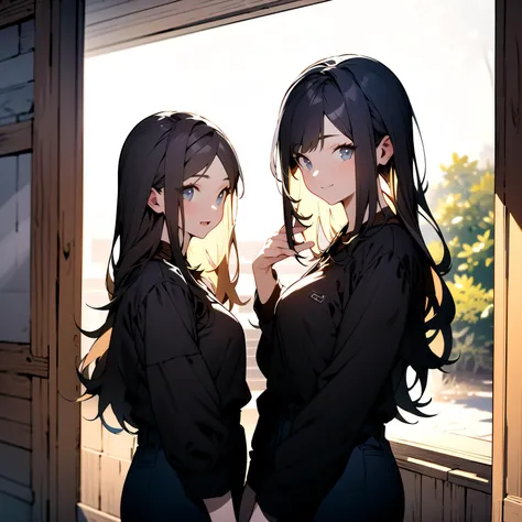 ((masterpiece,best quality)),(2girl:1.2), , long hair, nijijourneyV51,looking at viewer,outside,