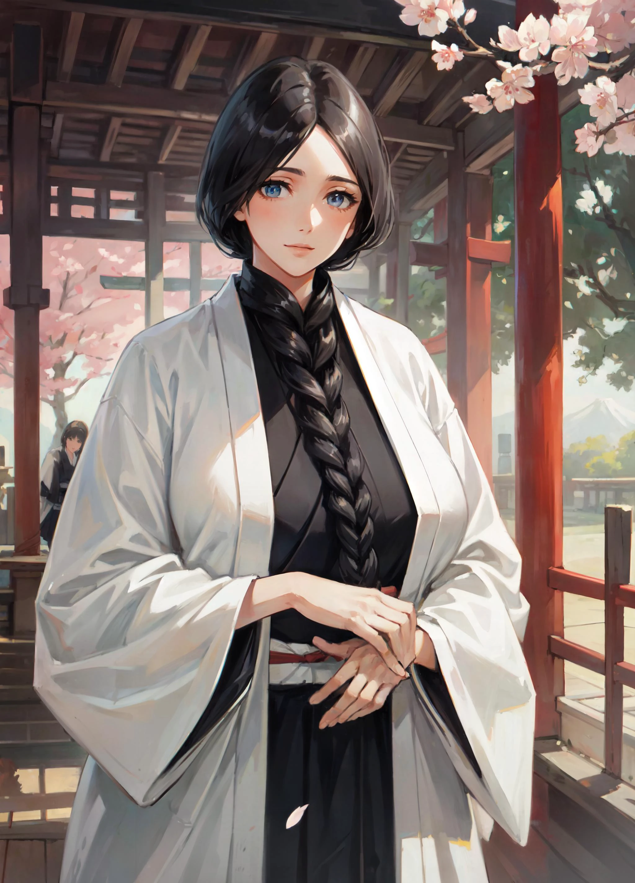 (masterpiece, best quality, ultra detailed, beautiful illustration), (oil painting:1.4), atmospheric perspective, (japanese atmosphere, elaborate atmosphere:1.4), depth of field, looking at viewer, beautiful detailed eyes, (nice hands, perfect hands, anatomically correct hands), <lora:unohanaretsu-nvwls-v1:0.9>, unohana retsu, single braid, white coat, black kimono, black skirt, mature woman, voluptuous, (huge breasts), (outdoors, japanese shrine, cherry blossoms), cowboy shot