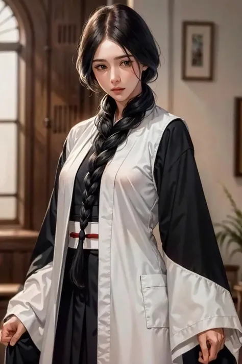 best quality,masterpiece,highres,original,extremely detailed wallpaper,perfect lighting,extremely detailed CG,blurry background,standing,
<lora:unohanaretsu-nvwls-v1:0.8>,unohana retsu,single braid,white coat,black kimono,black skirt,
