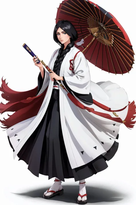 masterpiece, best quality, <lora:unohanaretsu-nvwls-v1:0.8> unohana retsu, single braid, white coat, black kimono, black skirt <lora:Smash-Ult-RendersV2_Fp:1> simple background, full body, (white background:1.3)