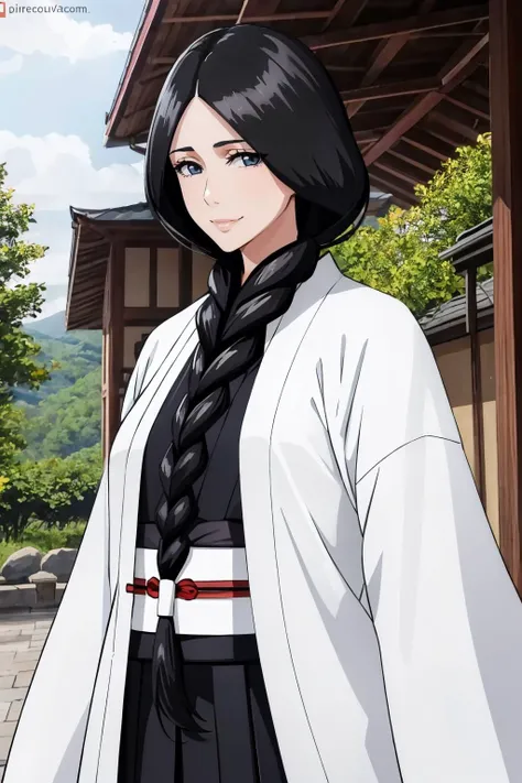 (masterpiece, best quality), looking at viewer, (smirk), <lora:unohanaretsu-nvwls-v1:0.8> unohana retsu, single braid, white coat, black kimono, black skirt