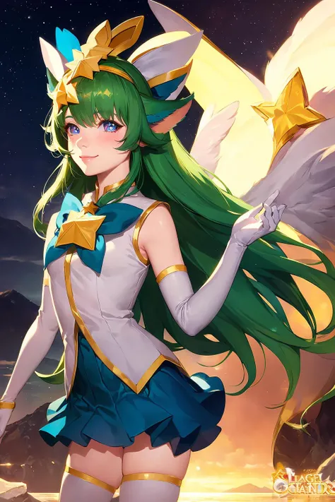 (solo, 1girl), (absurdres, ,highres, official wallpaper, poster), (masterpiece, best quality:1.2), (illustration, realistic), (perfect details, highest detailed, extreme detailed), dramatic light, <lora:starguardianlulu:1>, starguardianlulu, (white thighhighs, elbow gloves, hair ornament, star \(symbol\), star guardian \(league of legends\), star \(symbol\), green hair, tiara, bowtie, chest jewel),(starry sky, mountain, waterfall, lake), (skirt, blue dress), (standing, seductive smile, blush, heart-shaped pupils)