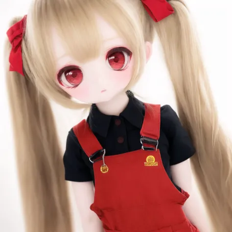 <lora:dolls:1.0>, (kukolnydom:1.0), doll, 1girl, black shirt, blonde hair, bow, collared shirt, colored eyelashes, dress shirt, hair tucking, hand up, highres, leaning forward, long hair, looking at viewer, nail polish, overalls, parted lips, paryi, red bow, red eyes, red nails, red overalls, shirt, short sleeves, simple background, solo, strap slip, twintails, very long hair, white background
