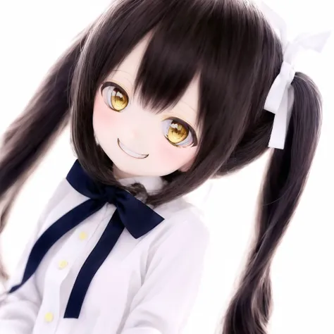 <lora:dolls:1.0>, (kukolnydom:1.0), doll, 1girl, ahoge, black hair, blue bow, bow, cowboy shot, dutch angle, eggplant, grin, hair ribbon, long hair, long sleeves, ribbon, school uniform, shirt, side ponytail, simple background, smile, solo, white background, white ribbon, white shirt, yellow eyes