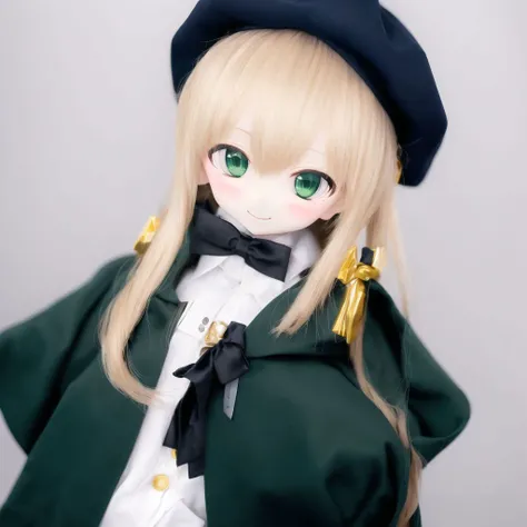 <lora:dolls:1.0>, (kukolnydom:1.0), doll, 1girl, artoria caster \(second ascension\) \(fate\), beret, black bow, blonde hair, bow, closed mouth, eiki \(eikityou 55\), green eyes, hat, highres, long hair, multiple tails, raincoat, shirt, simple background, smile, tail, tonelico \(fate\), two tails, white shirt