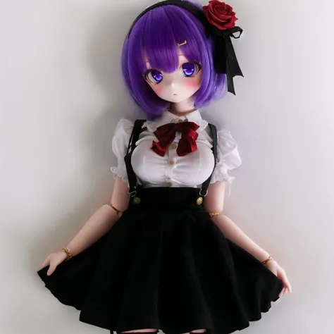 <lora:dolls:1.0>, (kukolnydom:1.0), doll, 

<lora:TheNightFeeling2:1>, thenightfeeling, 1girl, bangs, black background, black ribbon, black rose, black skirt, blue eyes, bow, bowtie, breast hold, breasts, bursting breasts, buttons, collared shirt, dress shirt, eyebrows, eyebrows visible through hair, eyelashes, flower, frilled sleeves, frills, hair flower, hair ornament, hairband, hand on own cheek, head tilt, high-waist skirt, highres, large breasts, looking at viewer, parted lips, puffy short sleeves, puffy sleeves, purple hair, red bow, red bowtie, ribbon, ringed eyes, rose, shirt, short hair, short sleeves, signature, simple background, skirt, solo, suspender skirt, suspenders, white shirt