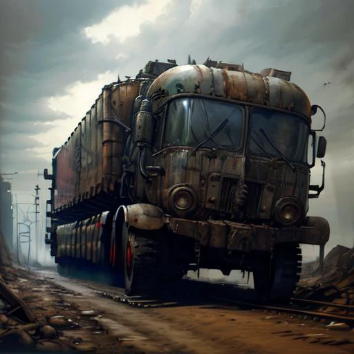 <lora:dieselpunk:1> front view of dieselpunk garbage truck on road