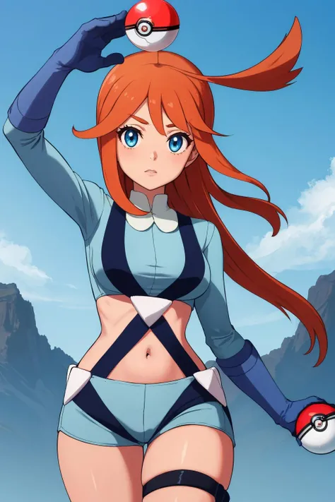 (masterpiece, best quality:1.2) lskyla, pokemon, 1girl, solo, looking at viewer, smile, red hair, (tan:1.1), sidelocks, hair ornament, blush, blue eyes, large breasts, navel, wide hips, thick thighs, midriff, crop top, short shorts, turtleneck, blue shorts, blue gloves, salute, blue sky, cloud <lora:SKYLA-15:0.8> <lora:kenSugimori1990sClassic_v12:0.7>
